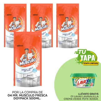 Mr Musculo Vidrios Fresca Doypack 500ml. (04 unidades) - GRATIS: 01 Lavax Lavavajilla Crema Verde. Pote 300gr.