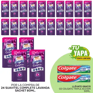 Suavitel Complete Lavanda. Sachet 80ml. (24 unidades) - GRATIS: 02 Colgate Triple Acción 50ml.
