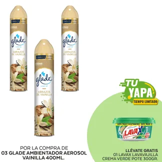 Glade Ambientador en Aerosol Vainilla 400ml. (03 unidades) - GRATIS: 01 Lavax Lavavajilla Crema Verde. Pote 300gr.