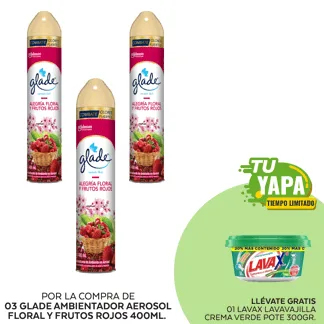 Glade Ambientador en Aerosol Alegría Floral y Frutos Rojos 400ml. (03 unidades) - GRATIS: 01 Lavax Lavavajilla Crema Verde. Pote 3