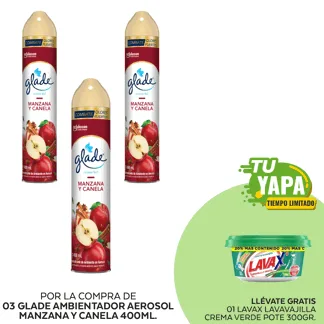 Glade Ambientador en Aerosol Manzana y Canela 400ml. (03 unidades) - GRATIS: 01 Lavax Lavavajilla Crema Verde. Pote 300gr.