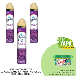 Glade Ambientador en Aerosol Lavanda 400ml. (03 unidades) - GRATIS: 01 Lavax Lavavajilla Crema Verde. Pote 300gr.