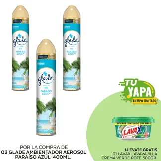 Glade Ambientador en Aerosol Paraiso Azul 400ml. (03 unidades) - GRATIS: 01 Lavax Lavavajilla Crema Verde. Pote 300gr.