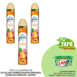 Glade Ambientador en Aerosol Hawaiian Breeze 400ml. (03 unidades) - GRATIS: 01 Lavax Lavavajilla Crema Verde. Pote 300gr.