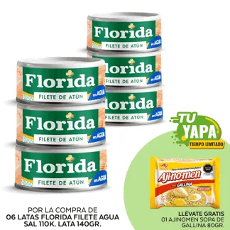 Florida Filete Agua Sal 110k. Lata 140g. (06 unidades) - GRATIS: 01 Ajinomen Sopa Gallina 80 g.