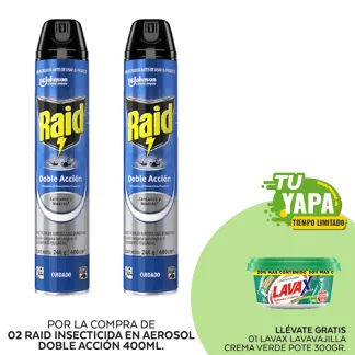 Raid Insecticida en Aerosol Doble Acción 400ml. (02 unidades) - GRATIS: 01 Lavax Lavavajilla Crema Verde. Pote 300gr.