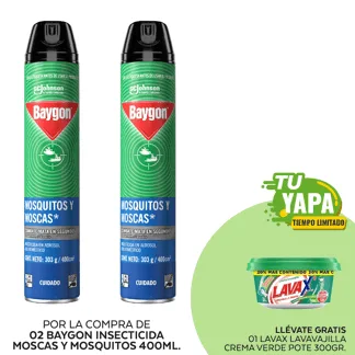 Baygón Insecticida Mosquitos y Moscas 400ml. (02 unidades) - GRATIS: 01 Lavax Lavavajilla Crema Verde. Pote 300gr.