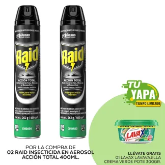 Raid Insecticida en Aerosol Acción Total 400ml. (02 unidades) - GRATIS: 01 Lavax Lavavajilla Crema Verde. Pote 300gr.