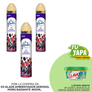 Glade Ambientador en Aerosol Mora Radiante 400ml. (03 unidades) - GRATIS: 01 Lavax Lavavajilla Crema Verde. Pote 300gr.