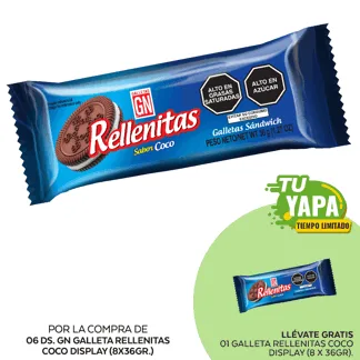 GN Galleta Rellenitas Coco. Display (8 x 36gr). (06 Display) - GRATIS: 01 Galleta Rellenitas Coco. Display (8 x 36gr).