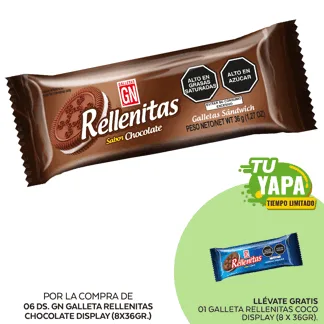 GN Galleta Rellenitas Chocolate. Display (8 x 36gr). (06 Display) - GRATIS: 01 Galleta Rellenitas Coco. Display (8 x 36gr).