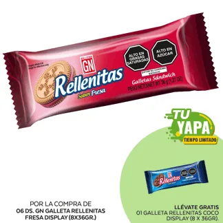 GN Galleta Rellenitas Fresa. Display (8 x 36gr). (06 Display) - GRATIS: 01 Galleta Rellenitas Coco. Display (8 x 36gr).