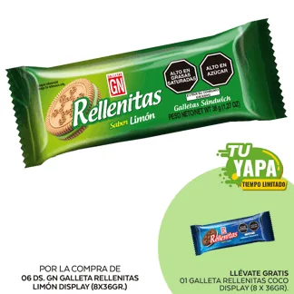 GN Galleta Rellenitas Limón. Display (8 x 36gr). (06 Display) - GRATIS: 01 Galleta Rellenitas Coco. Display (8 x 36gr).