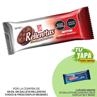 GN Galleta Rellenitas Choco & Fresa. Display (8 x 36gr). (06 Display) - GRATIS: 01 Galleta Rellenitas Coco. Display (8 x 36gr).