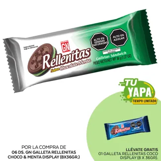 GN Galleta Rellenitas Choco & Menta. Display (8 x 36gr). (06 Display) - GRATIS: 01 Galleta Rellenitas Coco. Display (8 x 36gr).