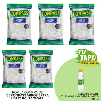  Compass Arroz Extra Añejo. Bolsa 750g. (05 unidades) - GRATIS: 01 Compass Vinagre Blanco. Envase 125ml.