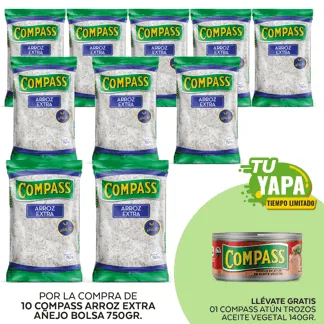 Compass Arroz Extra Añejo. Bolsa 750g. (10 unidades) - GRATIS: 01 Compass Trozos Atún Aceite Vegetal. Lata 140g.