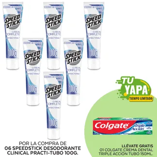 SpeedStick Desodorante Clinical. Practi-tubo 100g. (06 unidades) - GRATIS: 01 Colgate Crema Dental Triple Acción. Tubo 150ml.