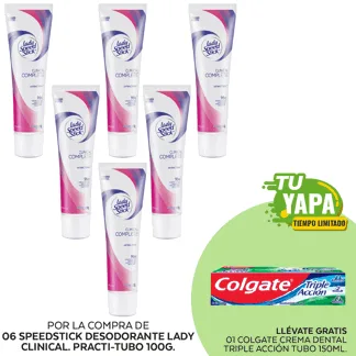 SpeedStick Desodorante Lady Clinical. Practi-tubo 100g. (06 unidades) - GRATIS: 01 Colgate Crema Dental Triple Acción. Tubo 150ml.