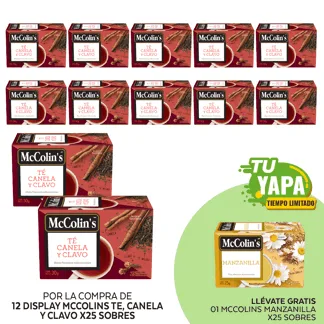 McColin's Te, Canela y Clavo. Display x 25 sobres.(12 display) - GRATIS: 01 McColin's Infusión Manzanilla. (25 sobres)