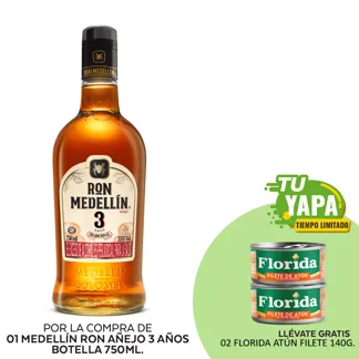 Medellin Ron 3 Años Añejo. Botella 750ml. (01 unidad) - GRATIS: 02 Florida Atún Filete en Aceite Girasol. Lata 140g.