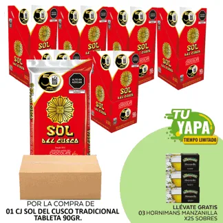 Sol del Cusco Tableta Sabor Chocolate (Tradicional) 90gr. (01 Caja) - GRATIS: 03 Horninans Manzanilla. Display 25 sobres.