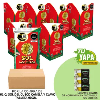 Sol del Cusco Tableta Sabor Chocolate (Canela y clavo) 90gr. (01 Caja) - GRATIS: 03 Horninans Manzanilla. Display 25 sobres.