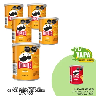 Pringles Queso. Lata 40g. (05 unidades) - GRATIS: 01 Pringles Sola Original. Lata 37g.