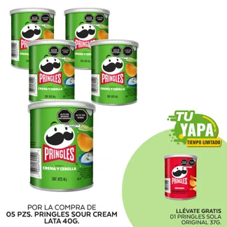 Pringles Sour Cream. Lata 40g. (05 unidades) - GRATIS: 01 Pringles Sola Original. Lata 37g.