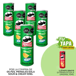 Pringles Sola Sour & Cream. Lata 109g. (05 unidades) - GRATIS: 01 Pringles Sola Original 104g.