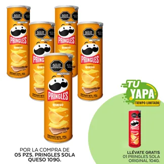 Pringles Sola Queso. Lata 109g. (05 unidades) - GRATIS: 01 Pringles Sola Original 104g.