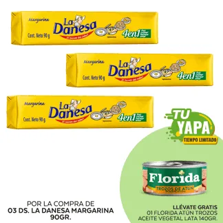 La Danesa Margarina Barra 90gr. (03 Display) - GRATIS: 01 Florida Atún Trozos. Lata 140g.