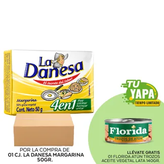 La Danesa Margarina Barra 50gr. 01 Caja  (24 unidades) - GRATIS: 01 Florida Atún Trozos. Lata 140g.