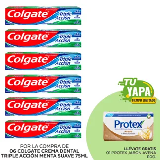 Colgate Crema Dental Triple Acción (Menta Suave). Tubo 75ml. (06 unidades) - GRATIS: 01 Protex Jabón Avena 110g.