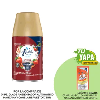 Glade Ambientador Automático Manzana y Canela Repuesto 175gr. (01 unidad) - GRATIS: 01  Mr Musculo Antigrasa Naranja Doypack 500ml
