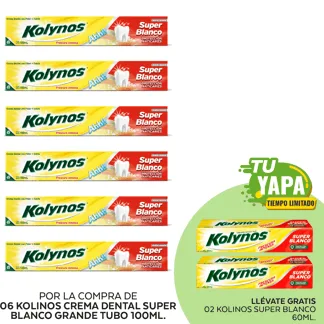 Kolynos Crema Dental Súper blanco Grande. Tubo 100 ml. (06 unidades) - GRATIS: 02 Kolynos Súper blanco 60ml.