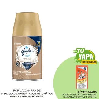 Glade Ambientador Automático Abrazos Vainilla Repuesto 175gr. (01 unidad) - GRATIS: 01  Mr Musculo Antigrasa Naranja Doypack 500ml