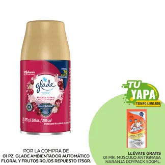 Glade Ambientador Automático Alegría Floral y Frutos Rojos Repuesto 175gr. (01 unidad) - GRATIS: 01  Mr Musculo Antigrasa Naranja