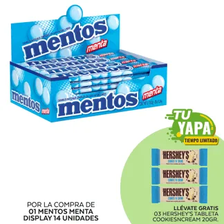 Mentos Menta. Display 14 unidades. (01 display) - GRATIS: 03 Hershey’s Tableta CookiesNCream 20gr.
