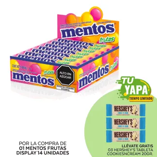 Mentos Fruta. Display 14 unidades. (01 display) - GRATIS: 03 Hershey’s Tableta CookiesNCream 20gr.