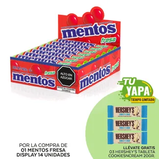 Mentos Fresa. Display 14 unidades. (01 display) - GRATIS: 03 Hershey’s Tableta CookiesNCream 20gr.