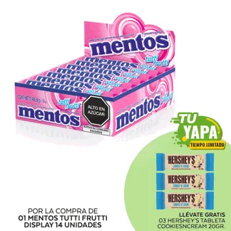 Mentos Tutti Frutti. Display 14 unidades. (01 display) - GRATIS: 03 Hershey’s Tableta CookiesNCream 20gr.