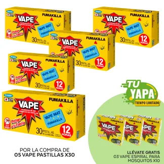 Vape Pastilla x 30. (05 unidades) - GRATIS: 03 Vape Espiral Para Mosquitos. 10 unidades.