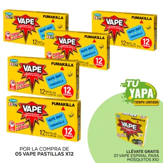 Vape Pastilla x 12. (05 unidades) - GRATIS: 01 Vape Espiral Para Mosquitos. 10 unidades.