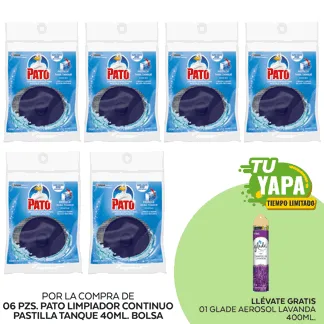 Pato Limpiador Continuo Pastilla para Tanque (Azul) 40ml Bolsa. (06 unidades)  - GRATIS: 01 Glade Aerosol Lavanda 400ml.
