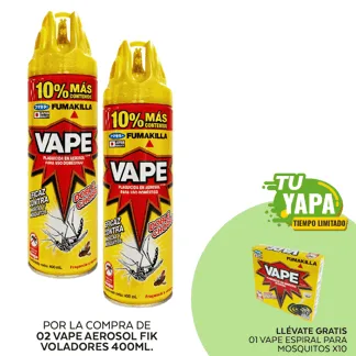 Vape Aerosol Fik Voladores A 400ml. (02 unidades) - GRATIS: 01 Vape Espiral Para Mosquitos. 10 unidades.