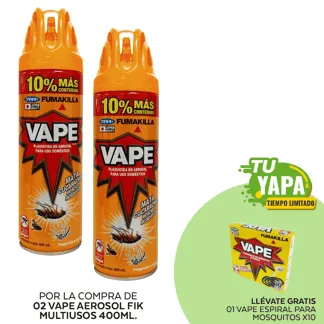 Vape Aerosol Aik Multiusos N 400ml. (02 unidades) - GRATIS: 01 Vape Espiral Para Mosquitos. 10 unidades.