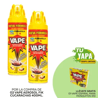Vape Aerosol Cik Cucarachas 400ml. (02 unidades) - GRATIS: 01 Vape Espiral Para Mosquitos. 10 unidades.