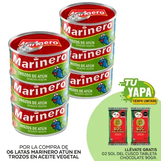 Marinero Trozos Atún Aceite Vegetal. Lata 140g. (06 unidades) - GRATIS: 02 Sol del Cusco Tableta Sabor Tradicional 90gr.