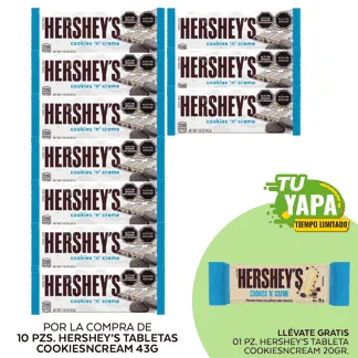 Hershey’s Tableta CookiesNCream 43gr. (10 unidades) - GRATIS: 01 Hershey’s Tableta CookiesNCream 20gr.